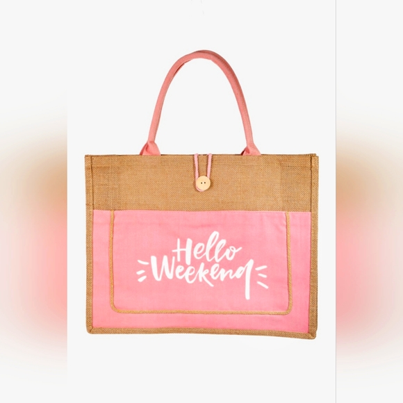 Fame Hello Weekend Burlap Tote Bag - Picture 1 of 3